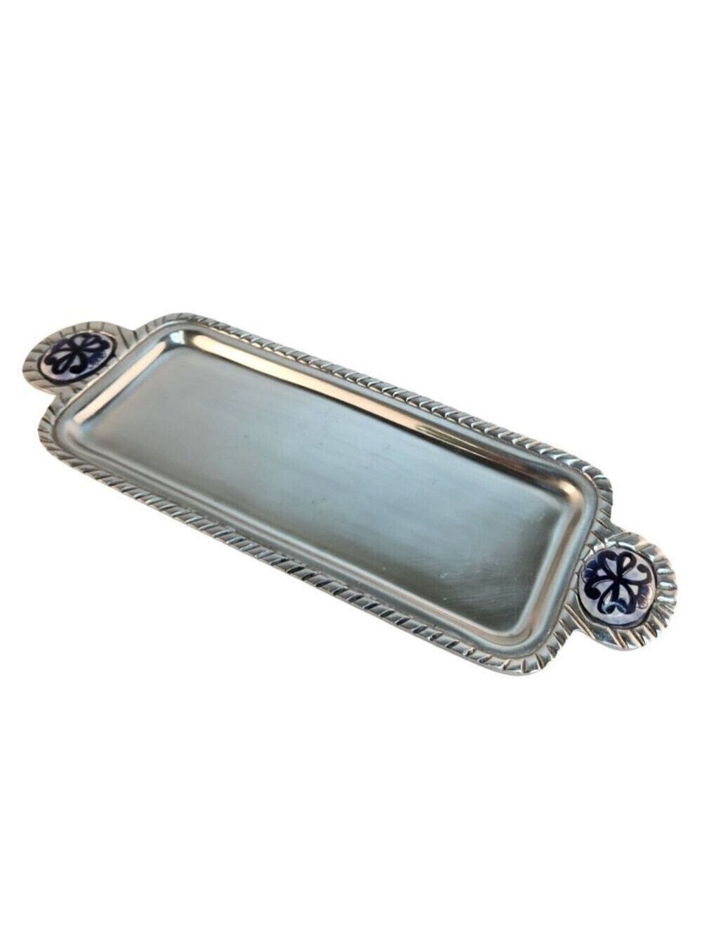 Decorative Aluminum Serving Tray With Hand-Painted Ceramic Talavar Handle Accent